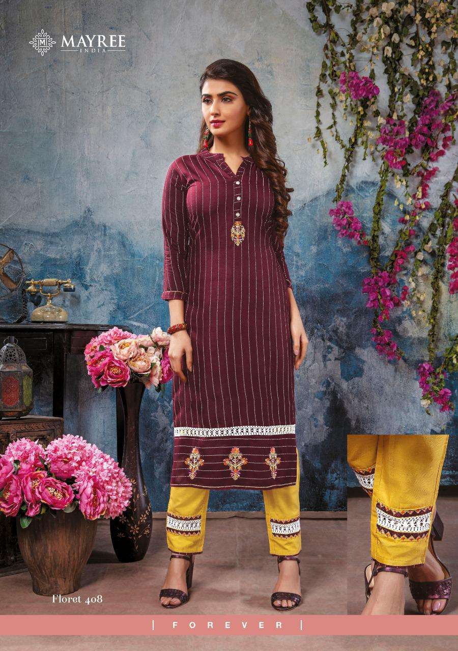 FLORET VOL-4 BY MAYREE 401 TO 408 SERIES DESIGNER STYLISH FANCY COLORFUL BEAUTIFUL PARTY WEAR & ETHNIC WEAR COLLECTION RAYON EMBROIDERY KURTIS WITH BOTTOM AT WHOLESALE PRICE