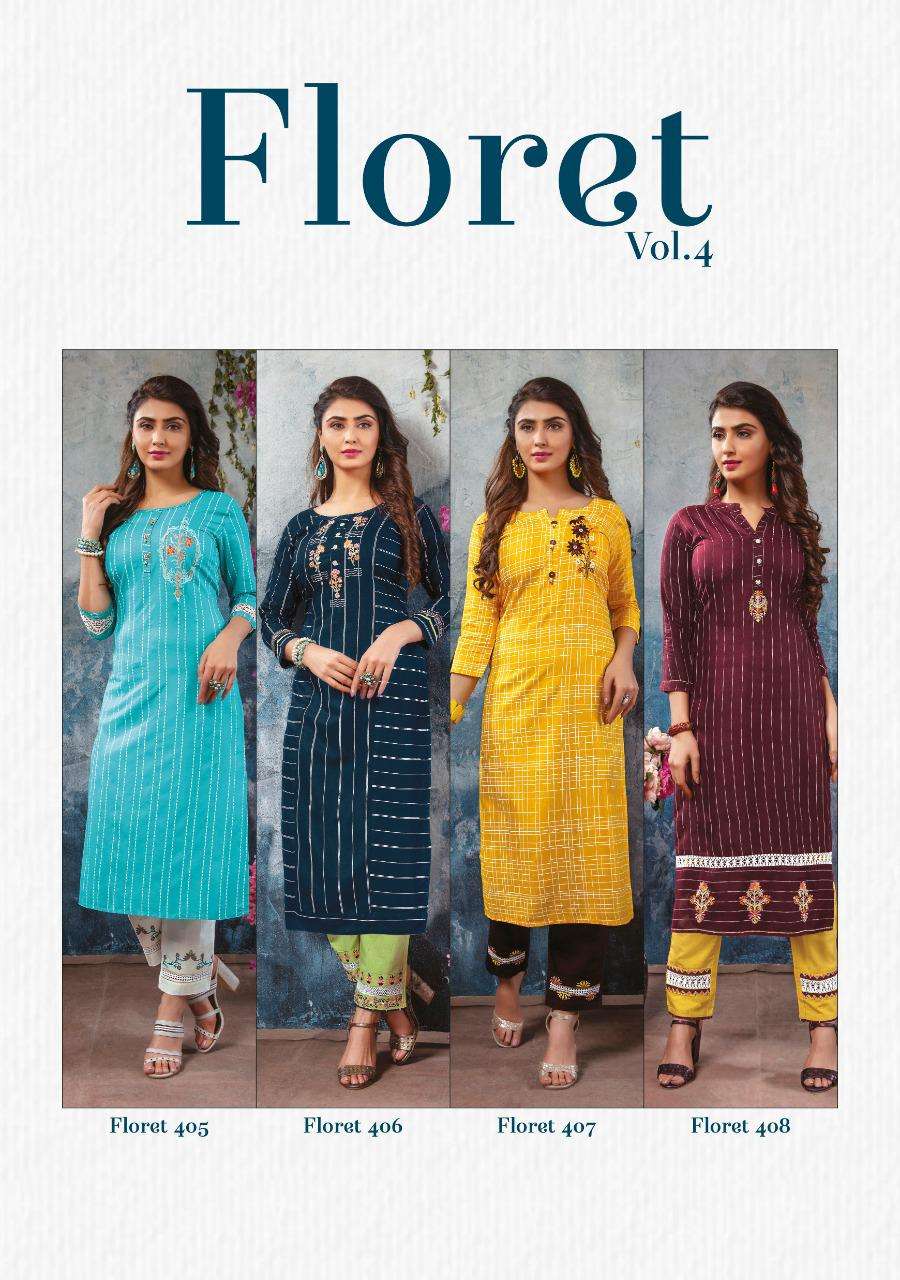 FLORET VOL-4 BY MAYREE 401 TO 408 SERIES DESIGNER STYLISH FANCY COLORFUL BEAUTIFUL PARTY WEAR & ETHNIC WEAR COLLECTION RAYON EMBROIDERY KURTIS WITH BOTTOM AT WHOLESALE PRICE