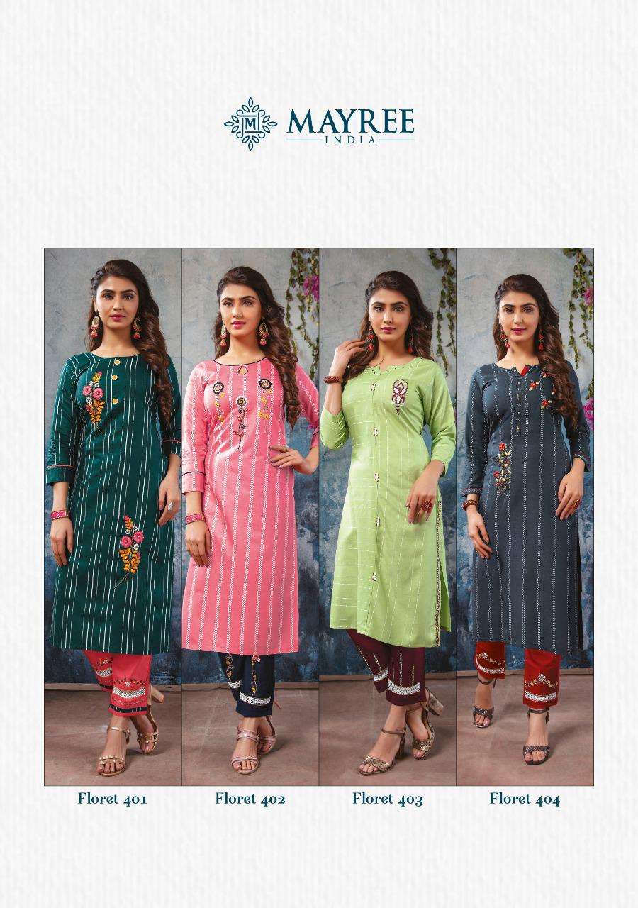 FLORET VOL-4 BY MAYREE 401 TO 408 SERIES DESIGNER STYLISH FANCY COLORFUL BEAUTIFUL PARTY WEAR & ETHNIC WEAR COLLECTION RAYON EMBROIDERY KURTIS WITH BOTTOM AT WHOLESALE PRICE