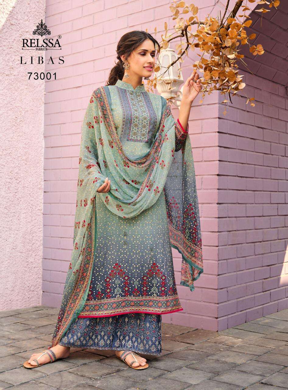 LIBAS 73001 SERIES BY RELSSA FABRICS 73001 TO 73008 SERIES BEAUTIFUL SUITS COLORFUL STYLISH FANCY CASUAL WEAR & ETHNIC WEAR PURE MUSLIN SILK DIGITAL PRINT WITH HANDWORK DRESSES AT WHOLESALE PRICE