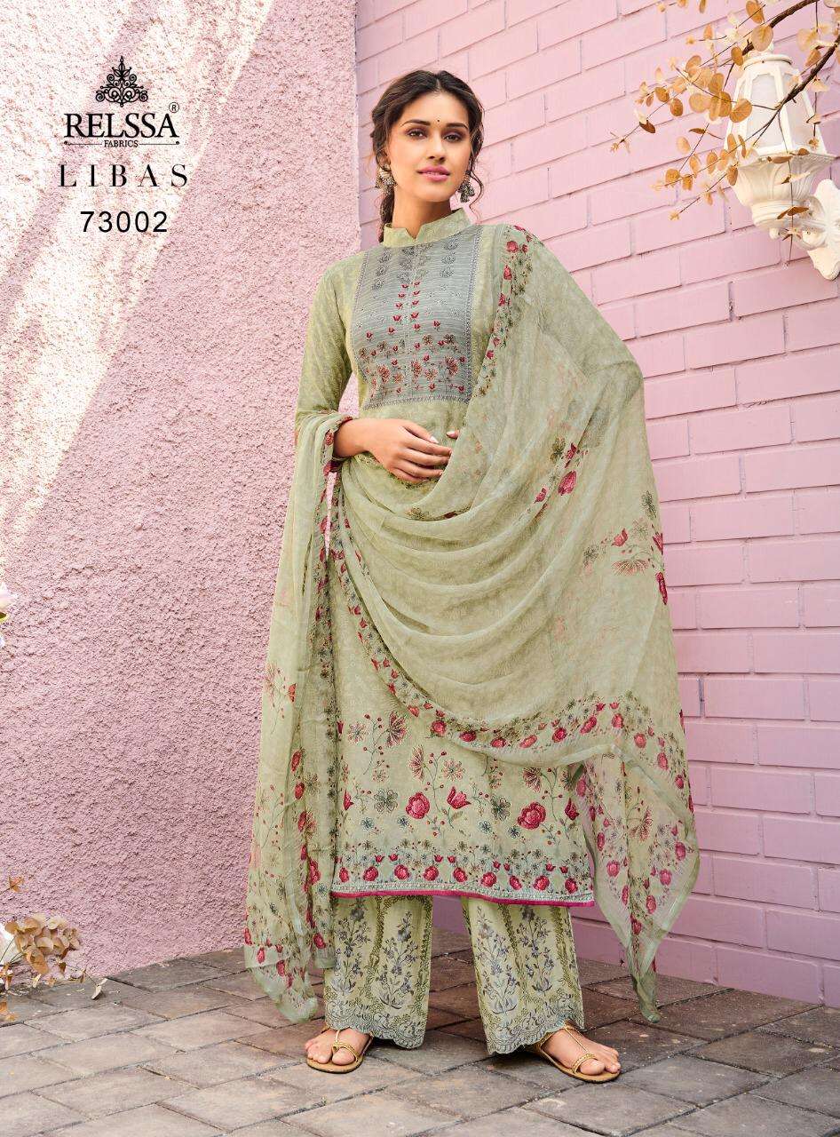 LIBAS 73001 SERIES BY RELSSA FABRICS 73001 TO 73008 SERIES BEAUTIFUL SUITS COLORFUL STYLISH FANCY CASUAL WEAR & ETHNIC WEAR PURE MUSLIN SILK DIGITAL PRINT WITH HANDWORK DRESSES AT WHOLESALE PRICE