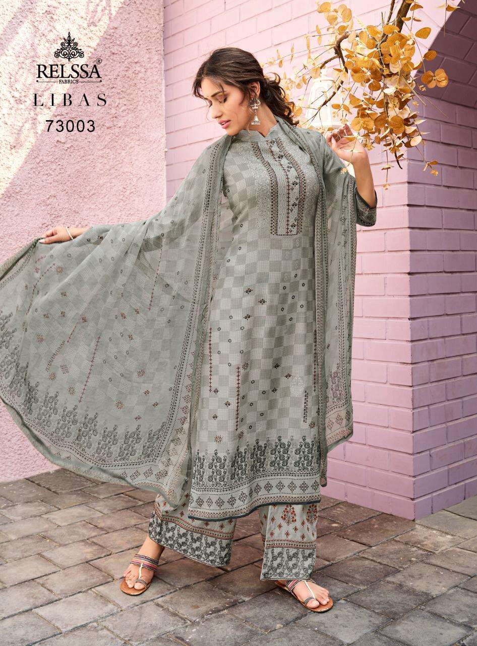 LIBAS 73001 SERIES BY RELSSA FABRICS 73001 TO 73008 SERIES BEAUTIFUL SUITS COLORFUL STYLISH FANCY CASUAL WEAR & ETHNIC WEAR PURE MUSLIN SILK DIGITAL PRINT WITH HANDWORK DRESSES AT WHOLESALE PRICE
