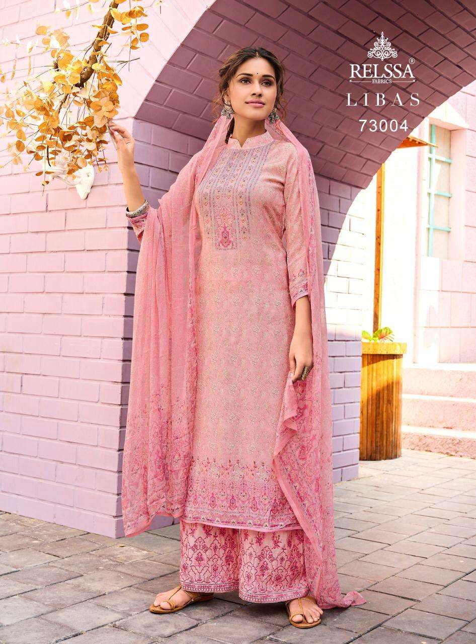 LIBAS 73001 SERIES BY RELSSA FABRICS 73001 TO 73008 SERIES BEAUTIFUL SUITS COLORFUL STYLISH FANCY CASUAL WEAR & ETHNIC WEAR PURE MUSLIN SILK DIGITAL PRINT WITH HANDWORK DRESSES AT WHOLESALE PRICE