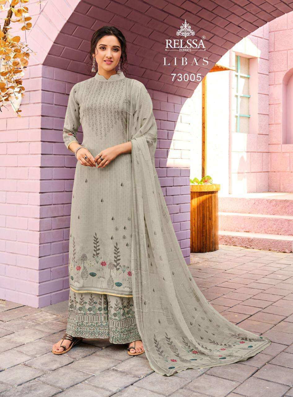 LIBAS 73001 SERIES BY RELSSA FABRICS 73001 TO 73008 SERIES BEAUTIFUL SUITS COLORFUL STYLISH FANCY CASUAL WEAR & ETHNIC WEAR PURE MUSLIN SILK DIGITAL PRINT WITH HANDWORK DRESSES AT WHOLESALE PRICE