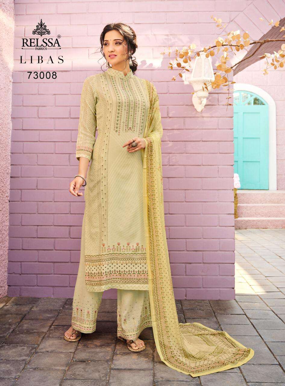LIBAS 73001 SERIES BY RELSSA FABRICS 73001 TO 73008 SERIES BEAUTIFUL SUITS COLORFUL STYLISH FANCY CASUAL WEAR & ETHNIC WEAR PURE MUSLIN SILK DIGITAL PRINT WITH HANDWORK DRESSES AT WHOLESALE PRICE