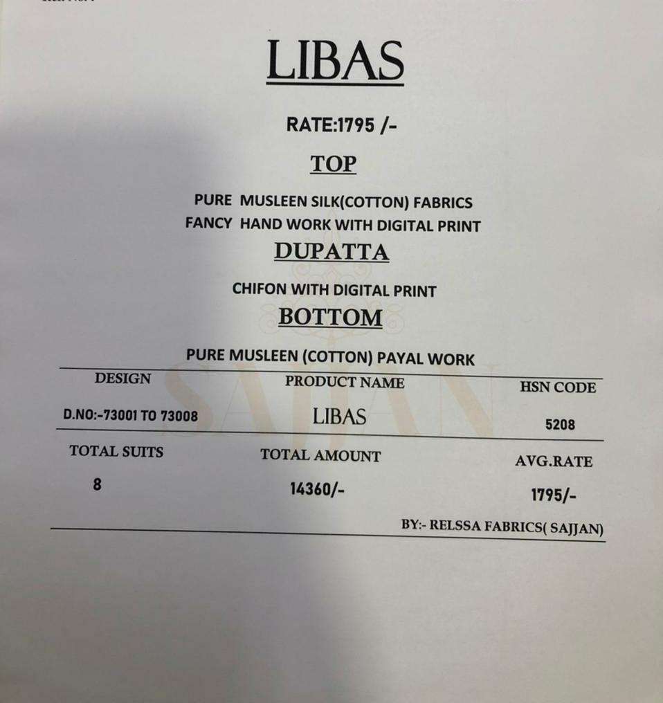 LIBAS 73001 SERIES BY RELSSA FABRICS 73001 TO 73008 SERIES BEAUTIFUL SUITS COLORFUL STYLISH FANCY CASUAL WEAR & ETHNIC WEAR PURE MUSLIN SILK DIGITAL PRINT WITH HANDWORK DRESSES AT WHOLESALE PRICE