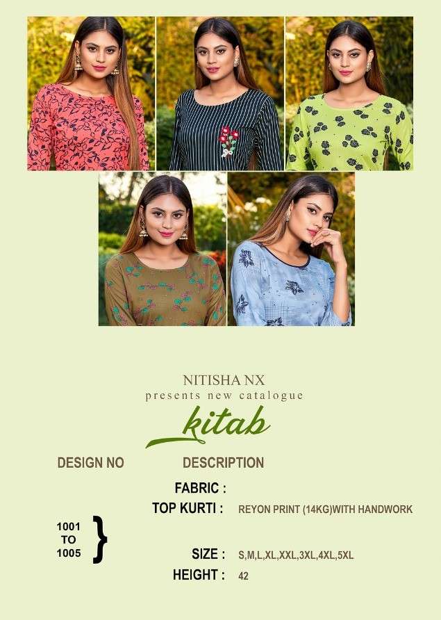 KITAB BY NITISHA NX 1001 TO 1005 SERIES DESIGNER STYLISH FANCY COLORFUL BEAUTIFUL PARTY WEAR & ETHNIC WEAR COLLECTION RAYON PRINT WITH WORK KURTIS AT WHOLESALE PRICE