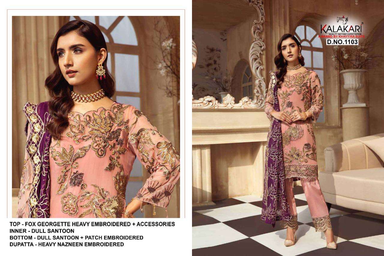KALAKARI HIT DESIGN 1103 BY KALAKARI DESIGNER FESTIVE SUITS COLLECTION BEAUTIFUL STYLISH FANCY COLORFUL PARTY WEAR & OCCASIONAL WEAR HEAVY FAUX GEORGETTE WITH EMBROIDERED DRESSES AT WHOLESALE PRICE