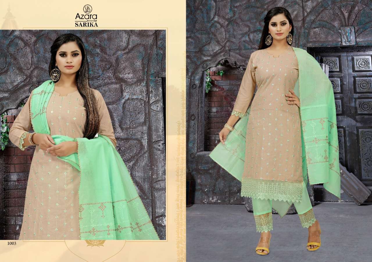 SARIKA BY AZARA 1001 TO 1004 SERIES BEAUTIFUL SUITS COLORFUL STYLISH FANCY CASUAL WEAR & ETHNIC WEAR CAMBRIC COTTON EMBROIDERY WORK DRESSES AT WHOLESALE PRICE