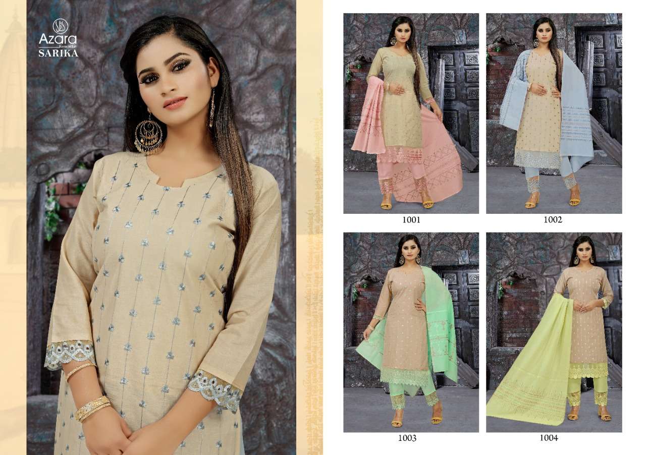 SARIKA BY AZARA 1001 TO 1004 SERIES BEAUTIFUL SUITS COLORFUL STYLISH FANCY CASUAL WEAR & ETHNIC WEAR CAMBRIC COTTON EMBROIDERY WORK DRESSES AT WHOLESALE PRICE