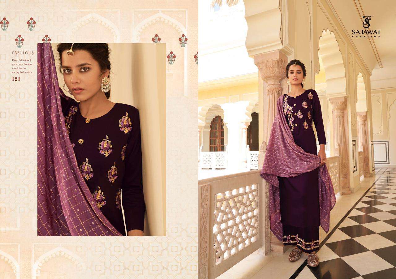 ROOHI VOL-1 BY SAJAWAT CREATION 121 TO 126 SERIES BEAUTIFUL SUITS COLORFUL STYLISH FANCY CASUAL WEAR & ETHNIC WEAR PURE VISCOSE WITH WORK DRESSES AT WHOLESALE PRICE