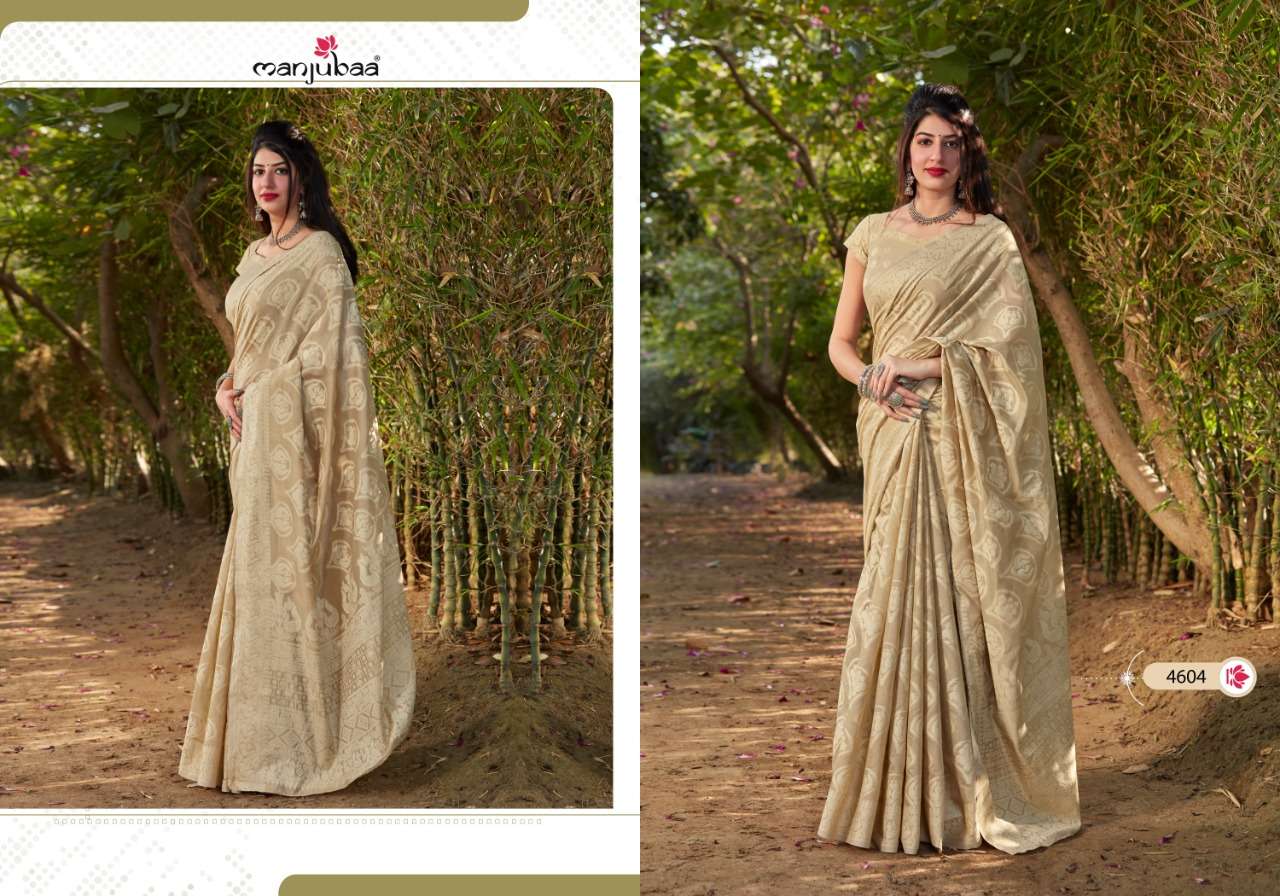 MUSKAAN SILK BY MANJUBAA CLOTHING 4601 TO 4606 SERIES INDIAN TRADITIONAL WEAR COLLECTION BEAUTIFUL STYLISH FANCY COLORFUL PARTY WEAR & OCCASIONAL WEAR BANARASI COTTON SAREES AT WHOLESALE PRICE