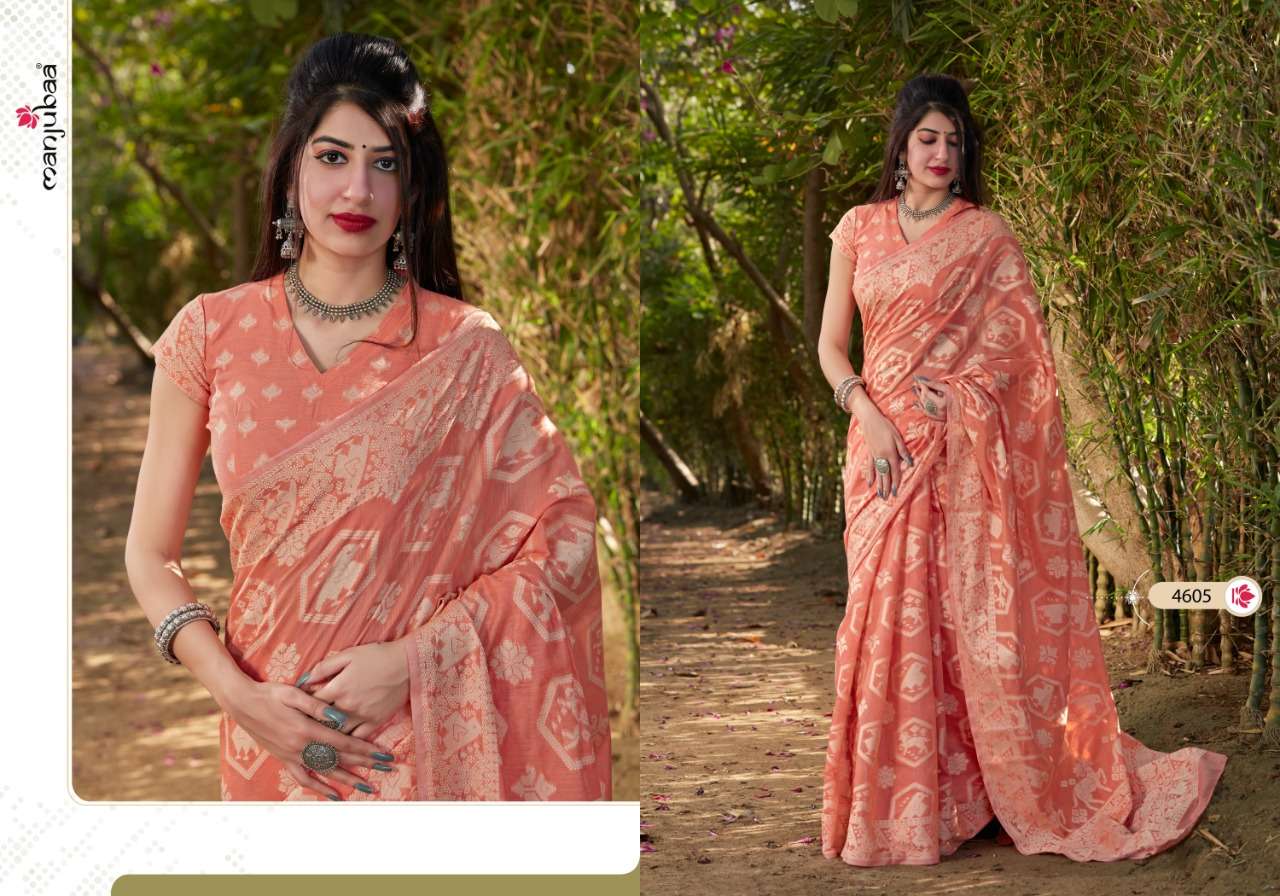 MUSKAAN SILK BY MANJUBAA CLOTHING 4601 TO 4606 SERIES INDIAN TRADITIONAL WEAR COLLECTION BEAUTIFUL STYLISH FANCY COLORFUL PARTY WEAR & OCCASIONAL WEAR BANARASI COTTON SAREES AT WHOLESALE PRICE