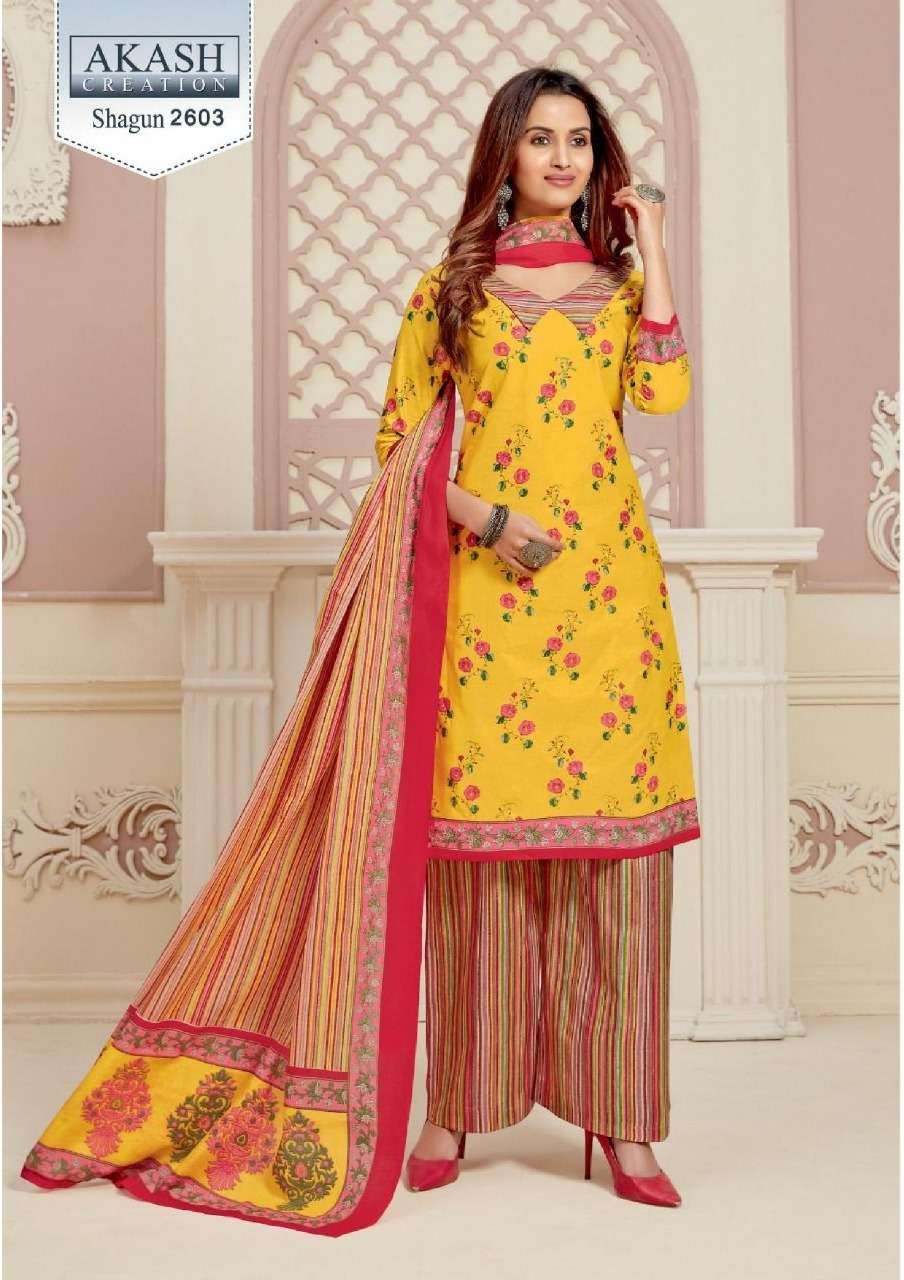 SHAGUN VOL-26 BY AKASH CREATION 2601 TO 2625 SERIES BEAUTIFUL SUITS COLORFUL STYLISH FANCY CASUAL WEAR & ETHNIC WEAR PURE COTTON DRESSES AT WHOLESALE PRICE