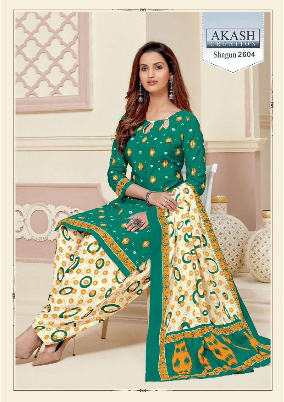 SHAGUN VOL-26 BY AKASH CREATION 2601 TO 2625 SERIES BEAUTIFUL SUITS COLORFUL STYLISH FANCY CASUAL WEAR & ETHNIC WEAR PURE COTTON DRESSES AT WHOLESALE PRICE
