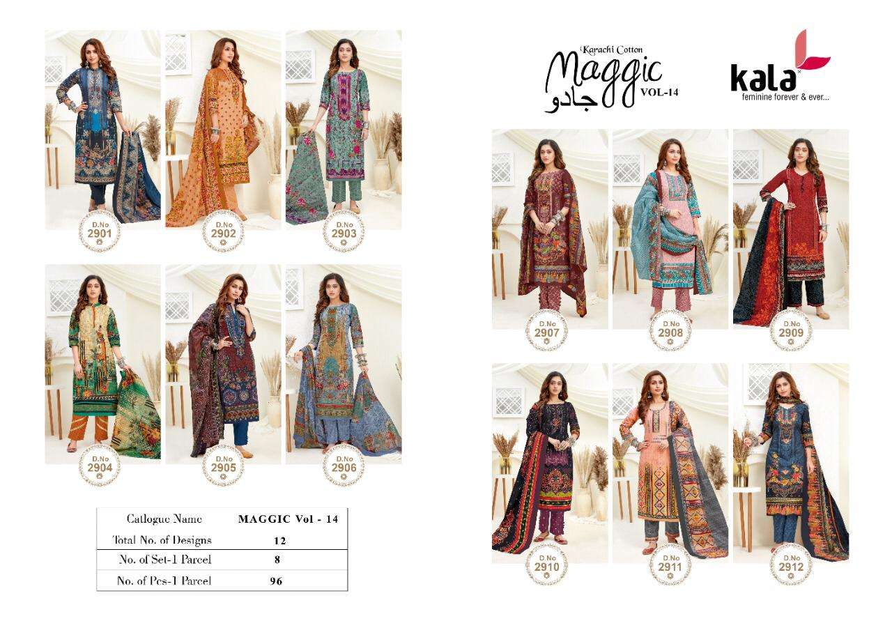 MAGIC VOL-14 BY KALA 2901 TO 2912 SERIES BEAUTIFUL SUITS COLORFUL STYLISH FANCY CASUAL WEAR & ETHNIC WEAR PURE COTTON DRESSES AT WHOLESALE PRICE