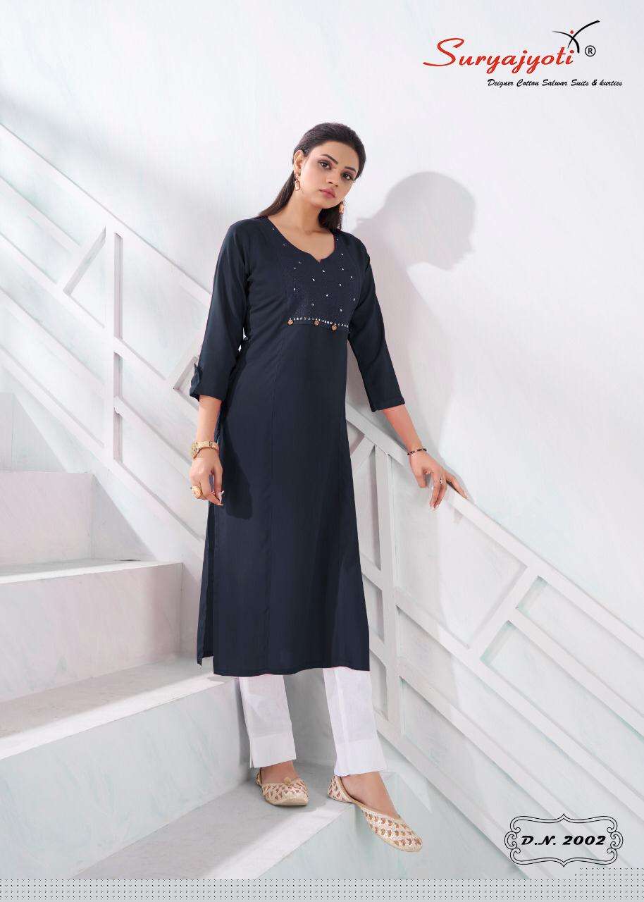NIRJA VOL-2 BY SURYAJYOTI 2001 TO 2010 SERIES DESIGNER STYLISH FANCY COLORFUL BEAUTIFUL PARTY WEAR & ETHNIC WEAR COLLECTION RAYON EMBROIDERY KURTIS AT WHOLESALE PRICE