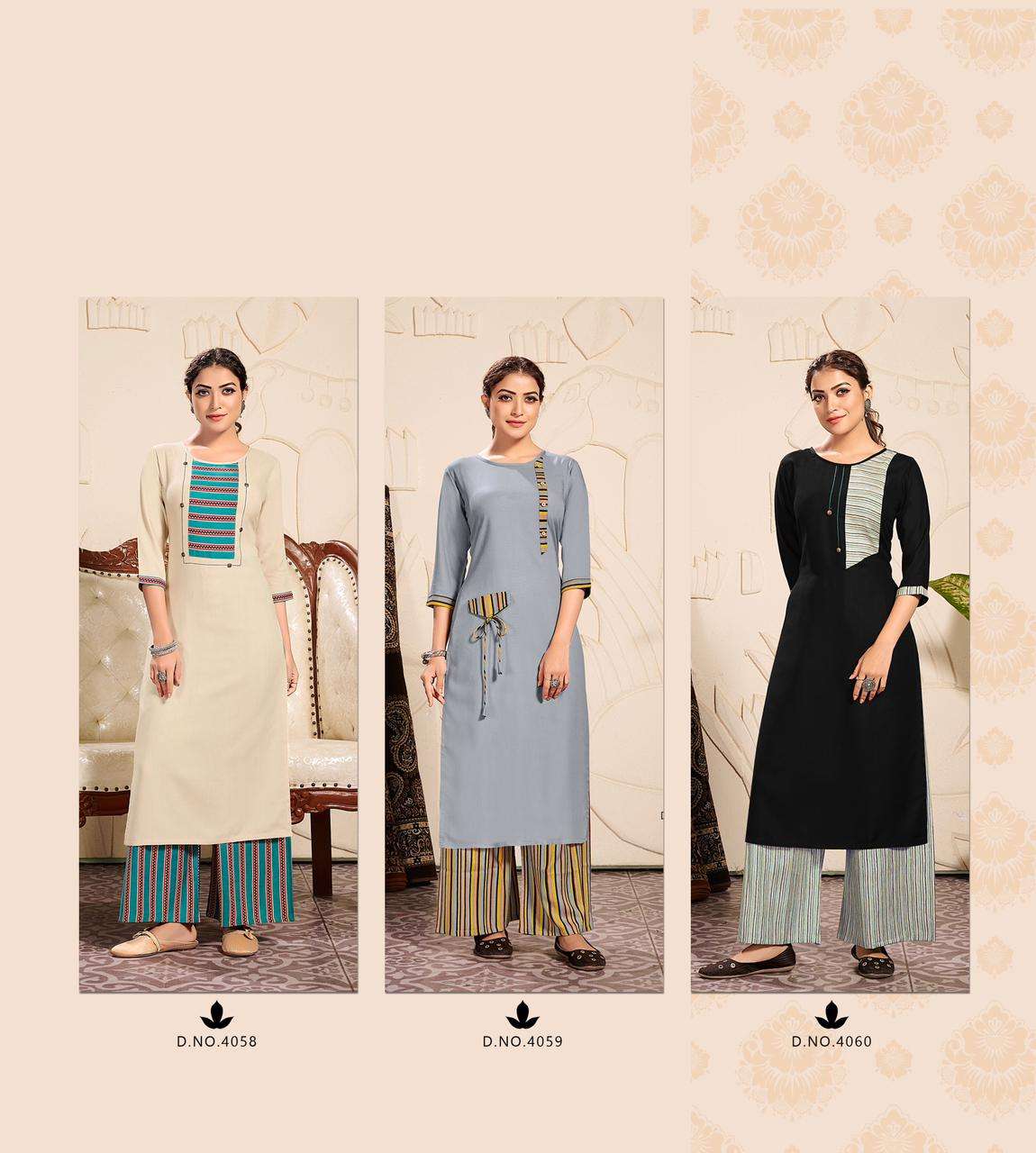 PLAZZO QUEEN VOL-10 BY RT 4055 TO 4060 SERIES DESIGNER STYLISH FANCY COLORFUL BEAUTIFUL PARTY WEAR & ETHNIC WEAR COLLECTION RAYON EMBROIDERY KURTIS WITH BOTTOM AT WHOLESALE PRICE