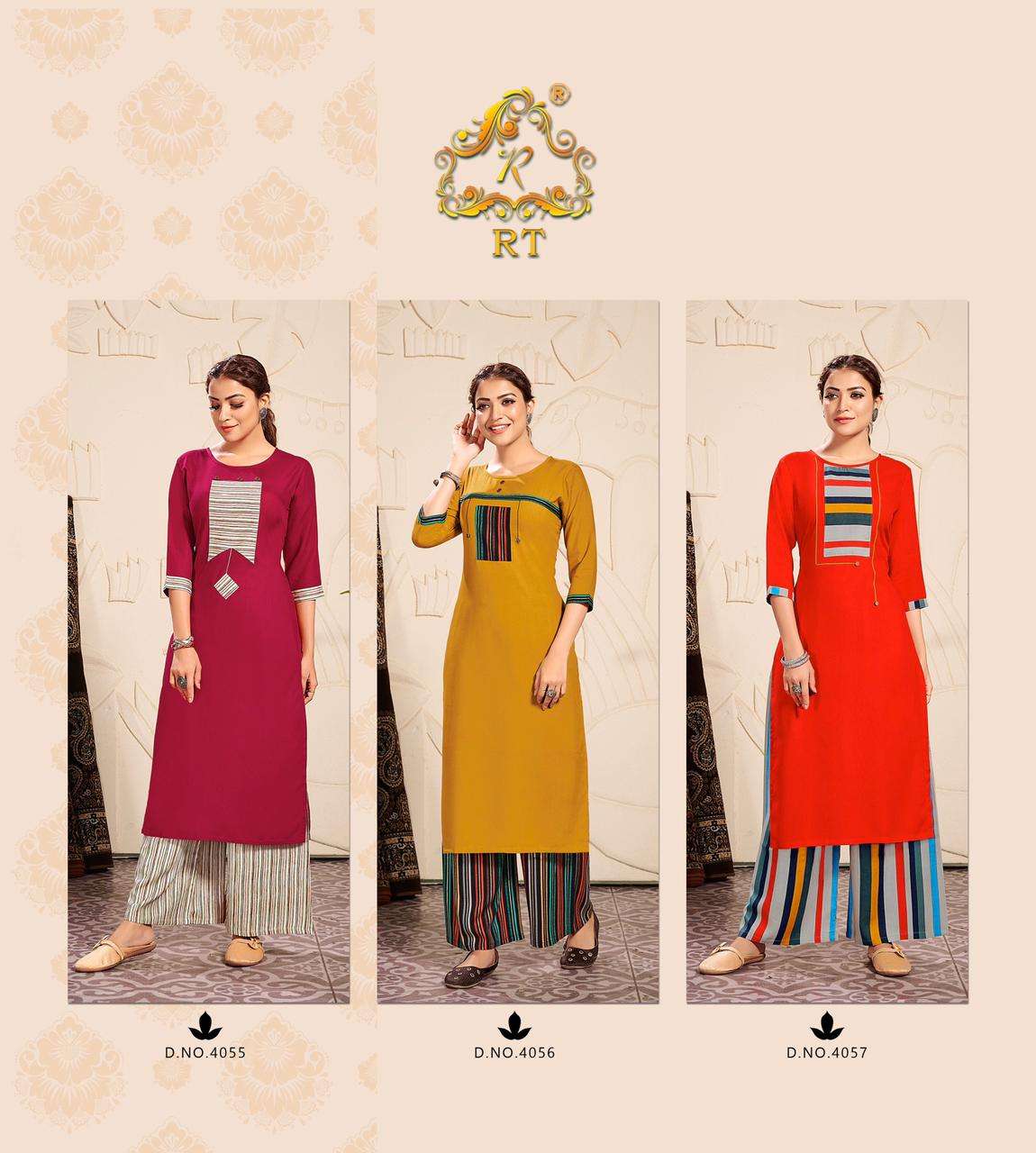 PLAZZO QUEEN VOL-10 BY RT 4055 TO 4060 SERIES DESIGNER STYLISH FANCY COLORFUL BEAUTIFUL PARTY WEAR & ETHNIC WEAR COLLECTION RAYON EMBROIDERY KURTIS WITH BOTTOM AT WHOLESALE PRICE