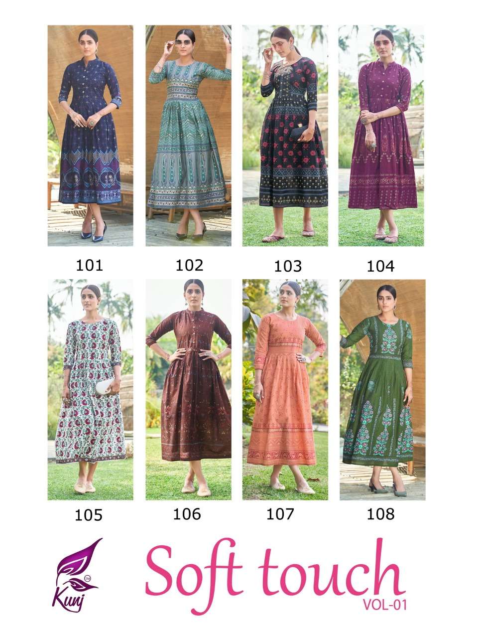 SOFT TOUCH VOL-1 BY KUNJ 101 TO 108 SERIES DESIGNER STYLISH FANCY COLORFUL BEAUTIFUL PARTY WEAR & ETHNIC WEAR COLLECTION COTTON MAL MAL KURTIS AT WHOLESALE PRICE