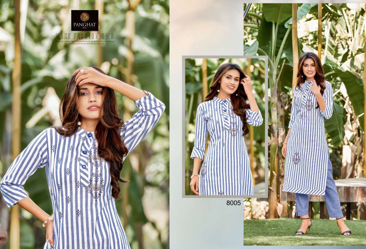 PIHOO BY PANGHAT NX 8001 TO 8007 SERIES DESIGNER STYLISH FANCY COLORFUL BEAUTIFUL PARTY WEAR & ETHNIC WEAR COLLECTION WEAVING COTTON EMBROIDERY KURTIS WITH BOTTOM AT WHOLESALE PRICE