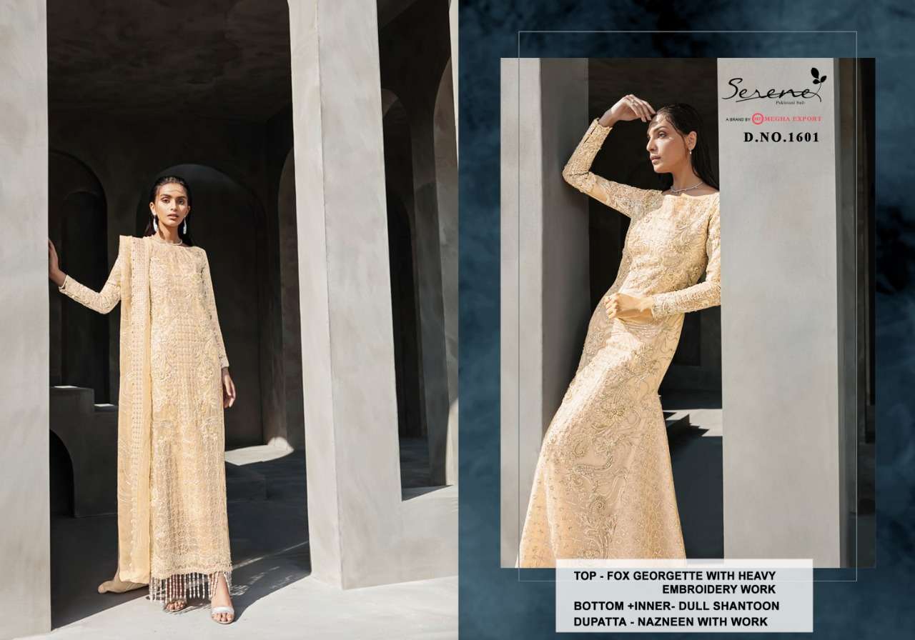 REIGN BY SERENE 1601 TO 1605 SERIES DESIGNER PAKISTANI SUITS COLLECTION BEAUTIFUL STYLISH FANCY COLORFUL PARTY WEAR & OCCASIONAL WEAR HEAVY FAUX GEORGETTE EMBROIDERED DRESSES AT WHOLESALE PRICE