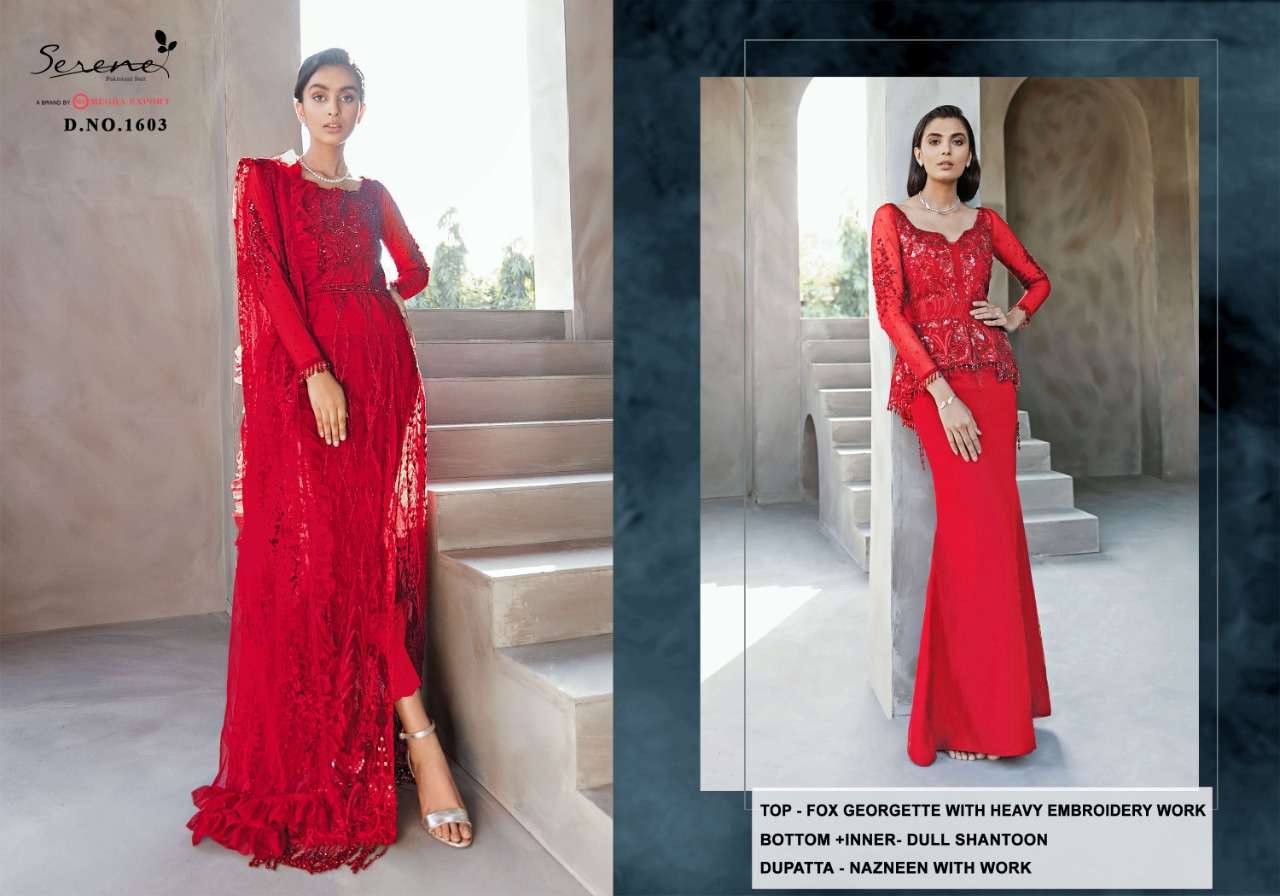 REIGN BY SERENE 1601 TO 1605 SERIES DESIGNER PAKISTANI SUITS COLLECTION BEAUTIFUL STYLISH FANCY COLORFUL PARTY WEAR & OCCASIONAL WEAR HEAVY FAUX GEORGETTE EMBROIDERED DRESSES AT WHOLESALE PRICE
