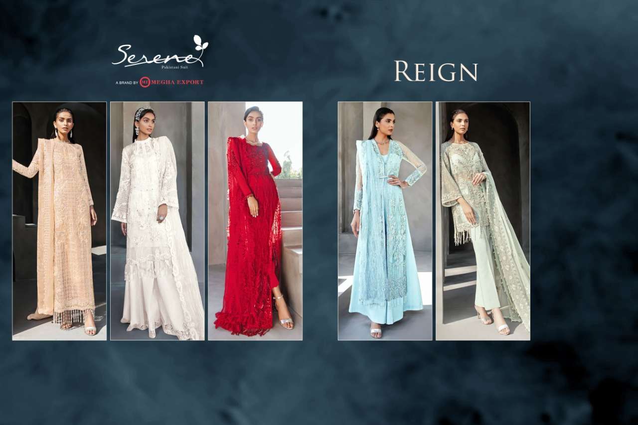 REIGN BY SERENE 1601 TO 1605 SERIES DESIGNER PAKISTANI SUITS COLLECTION BEAUTIFUL STYLISH FANCY COLORFUL PARTY WEAR & OCCASIONAL WEAR HEAVY FAUX GEORGETTE EMBROIDERED DRESSES AT WHOLESALE PRICE