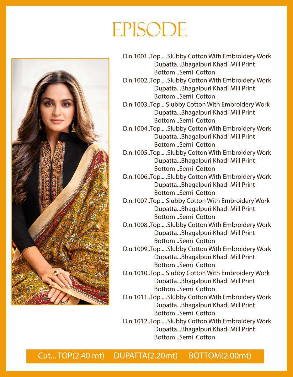 EPISODE BY SHAGUN LIFESTYLE 1001 TO 1012 SERIES BEAUTIFUL SUITS COLORFUL STYLISH FANCY CASUAL WEAR & ETHNIC WEAR SLUBBY COTTON DRESSES AT WHOLESALE PRICE