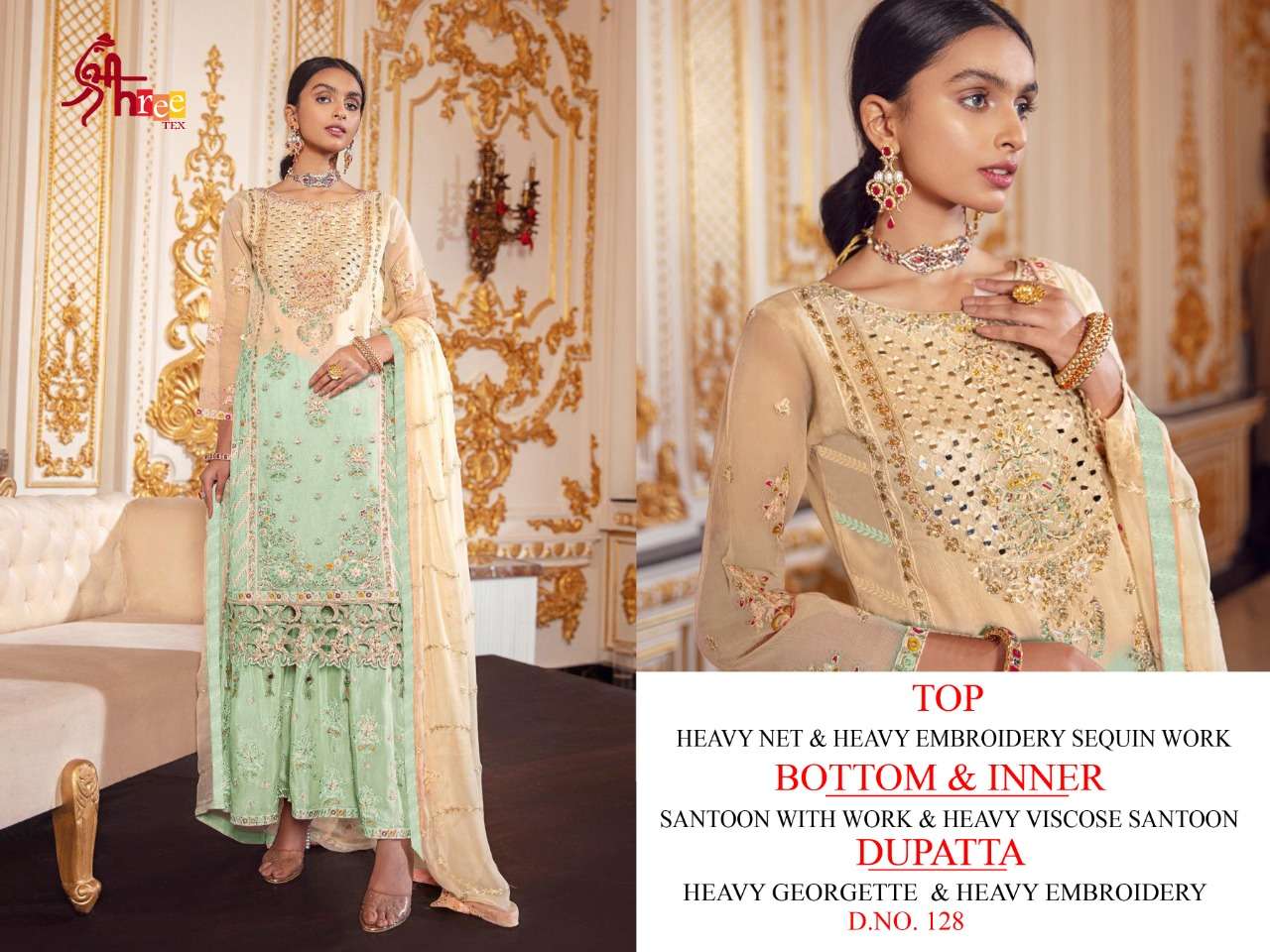 SHREE TEX HIT DESIGN 128 COLOURS BY SHREE TEX 128-A TO 128-D SERIES BEAUTIFUL STYLISH PAKISTANI SUITS FANCY COLORFUL CASUAL WEAR & ETHNIC WEAR & READY TO WEAR HEAVY NET EMBROIDERY DRESSES AT WHOLESALE PRICE