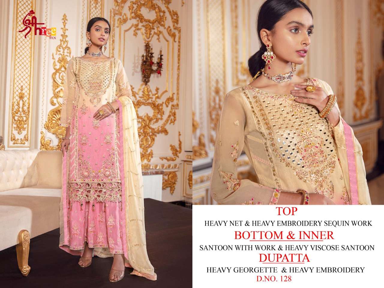 SHREE TEX HIT DESIGN 128 COLOURS BY SHREE TEX 128-A TO 128-D SERIES BEAUTIFUL STYLISH PAKISTANI SUITS FANCY COLORFUL CASUAL WEAR & ETHNIC WEAR & READY TO WEAR HEAVY NET EMBROIDERY DRESSES AT WHOLESALE PRICE