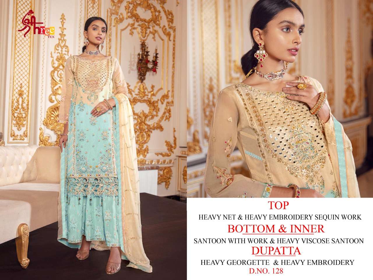 SHREE TEX HIT DESIGN 128 COLOURS BY SHREE TEX 128-A TO 128-D SERIES BEAUTIFUL STYLISH PAKISTANI SUITS FANCY COLORFUL CASUAL WEAR & ETHNIC WEAR & READY TO WEAR HEAVY NET EMBROIDERY DRESSES AT WHOLESALE PRICE