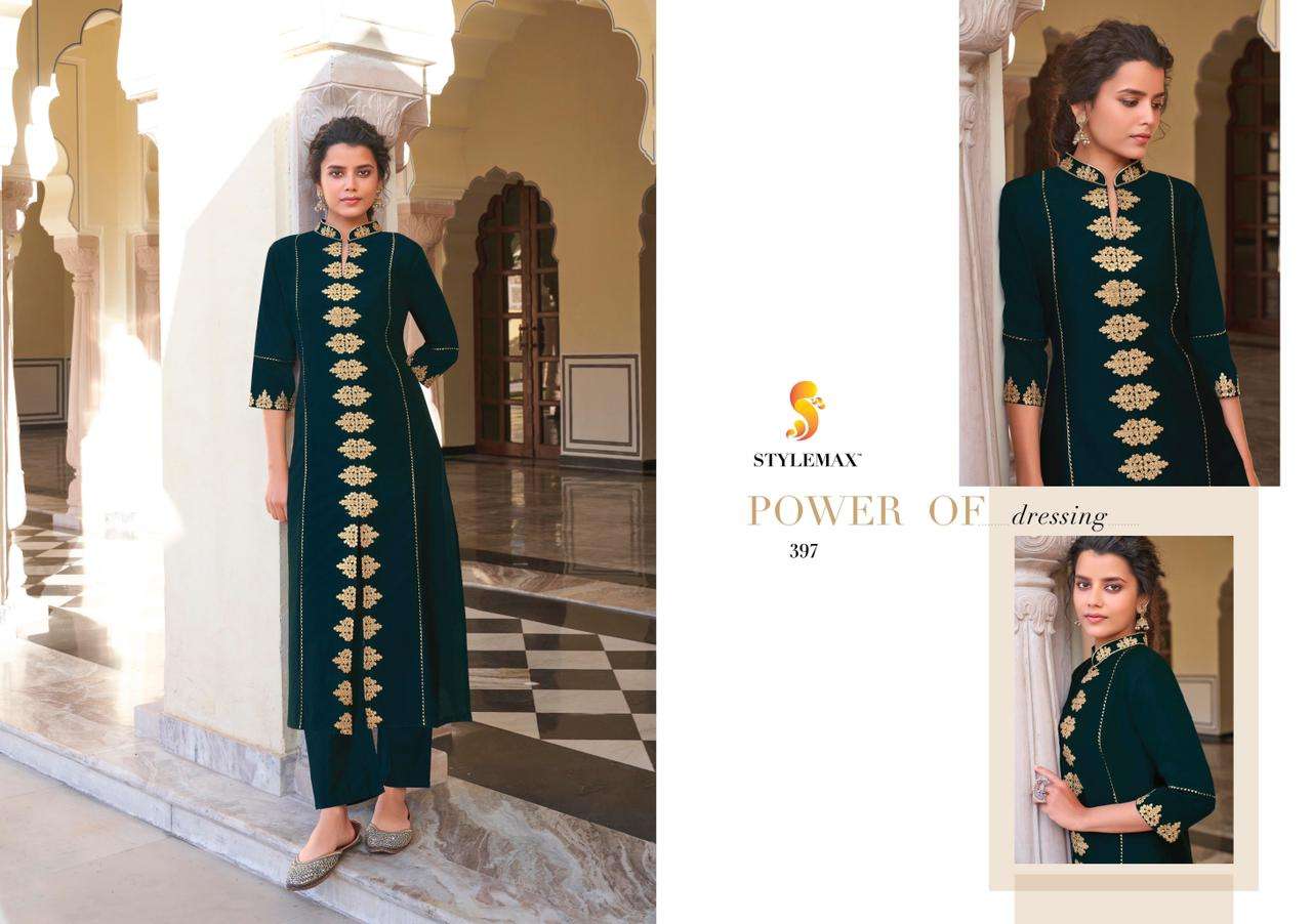 AMEERA BY STYLEMAX 391 TO 397 SERIES DESIGNER STYLISH FANCY COLORFUL BEAUTIFUL PARTY WEAR & ETHNIC WEAR COLLECTION PURE VISCOSE EMBROIDERY KURTIS WITH BOTTOM AT WHOLESALE PRICE