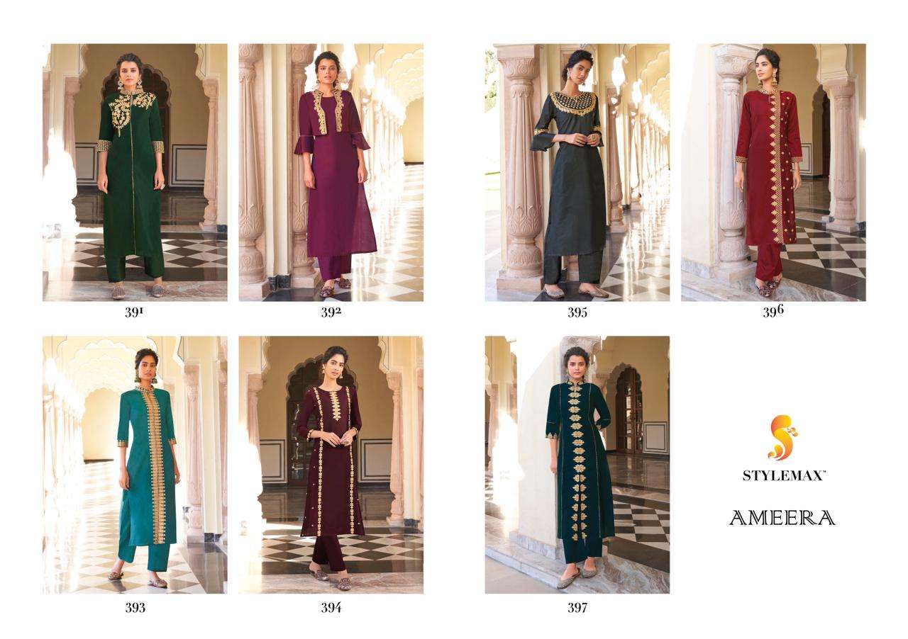 AMEERA BY STYLEMAX 391 TO 397 SERIES DESIGNER STYLISH FANCY COLORFUL BEAUTIFUL PARTY WEAR & ETHNIC WEAR COLLECTION PURE VISCOSE EMBROIDERY KURTIS WITH BOTTOM AT WHOLESALE PRICE