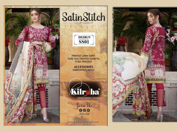 SATIN STITCH HIT DESIGN SS-01 BY KILRUBA PAKISTANI SUITS BEAUTIFUL FANCY COLORFUL STYLISH PARTY WEAR & OCCASIONAL WEAR PURE COTTON SATIN DIGITAL PRINTED DRESSES AT WHOLESALE PRICE