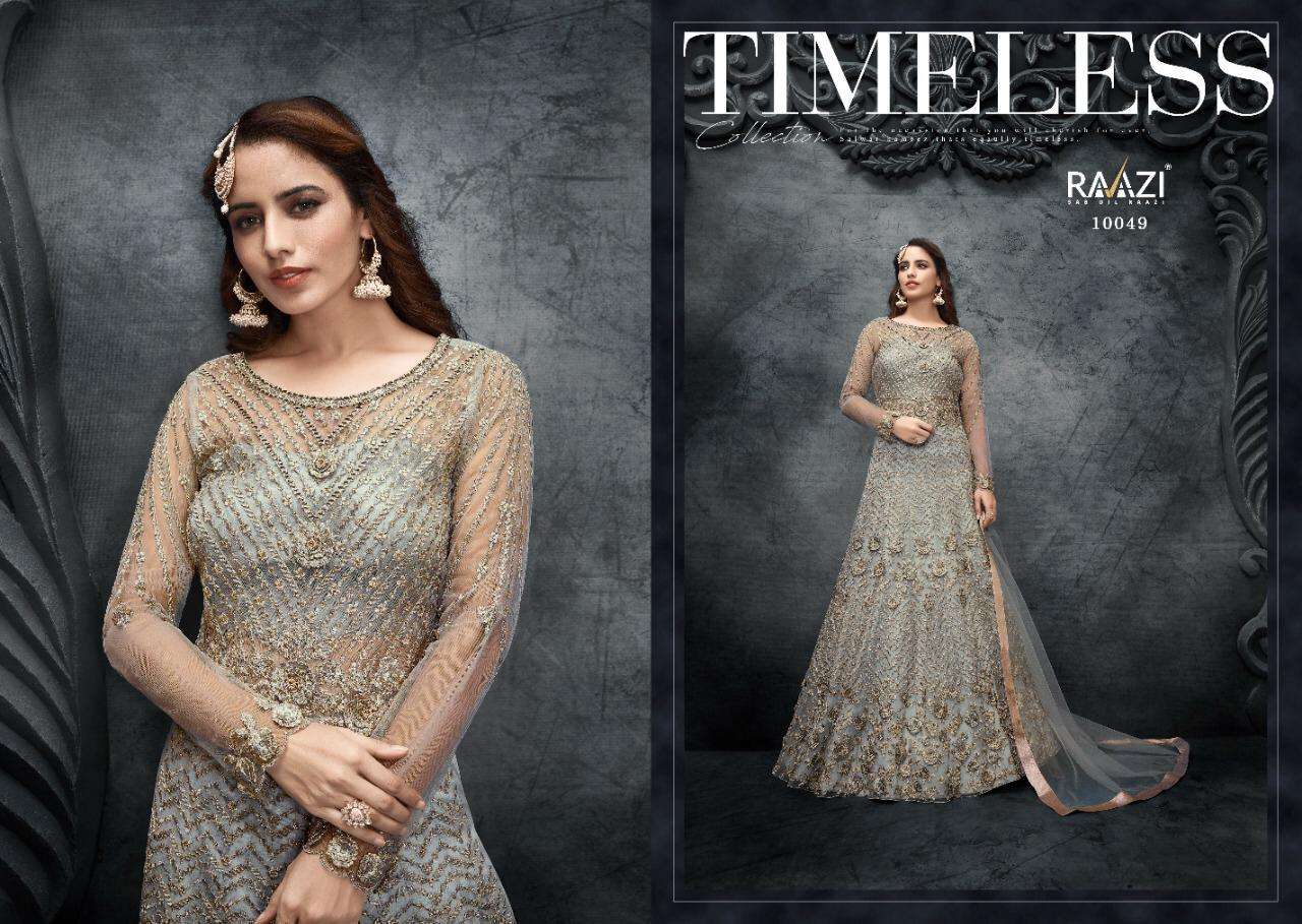 RAAZI 10049 SERIES BY RAMA FASHION 10049 TO 10053 SERIES BEAUTIFUL STYLISH FANCY COLORFUL CASUAL WEAR & ETHNIC WEAR & READY TO WEAR SOFT NET EMBROIDERED DRESSES AT WHOLESALE PRICE