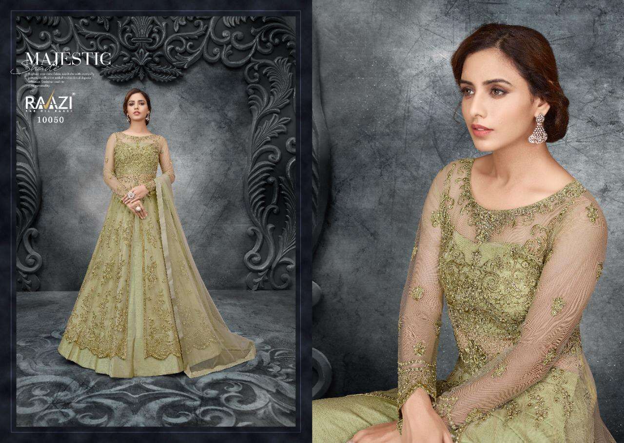 RAAZI 10049 SERIES BY RAMA FASHION 10049 TO 10053 SERIES BEAUTIFUL STYLISH FANCY COLORFUL CASUAL WEAR & ETHNIC WEAR & READY TO WEAR SOFT NET EMBROIDERED DRESSES AT WHOLESALE PRICE