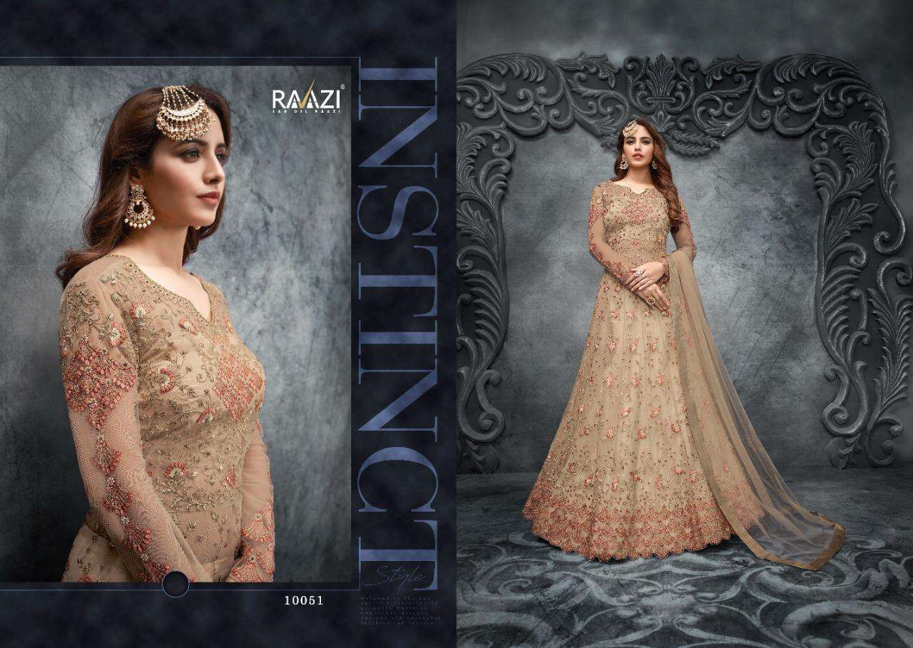 RAAZI 10049 SERIES BY RAMA FASHION 10049 TO 10053 SERIES BEAUTIFUL STYLISH FANCY COLORFUL CASUAL WEAR & ETHNIC WEAR & READY TO WEAR SOFT NET EMBROIDERED DRESSES AT WHOLESALE PRICE