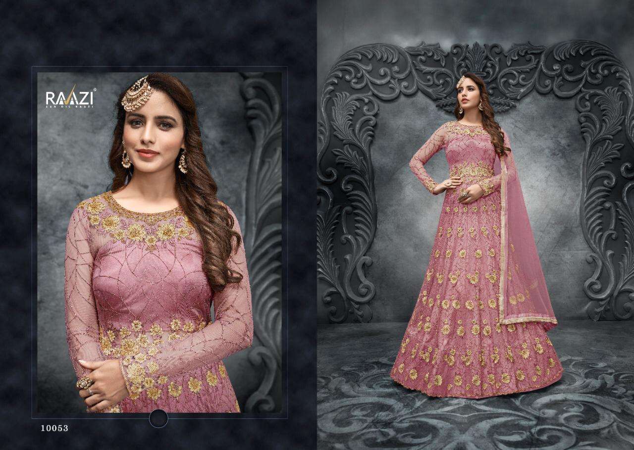 RAAZI 10049 SERIES BY RAMA FASHION 10049 TO 10053 SERIES BEAUTIFUL STYLISH FANCY COLORFUL CASUAL WEAR & ETHNIC WEAR & READY TO WEAR SOFT NET EMBROIDERED DRESSES AT WHOLESALE PRICE