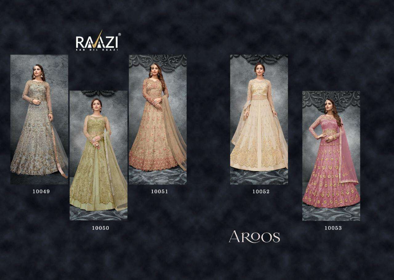 RAAZI 10049 SERIES BY RAMA FASHION 10049 TO 10053 SERIES BEAUTIFUL STYLISH FANCY COLORFUL CASUAL WEAR & ETHNIC WEAR & READY TO WEAR SOFT NET EMBROIDERED DRESSES AT WHOLESALE PRICE