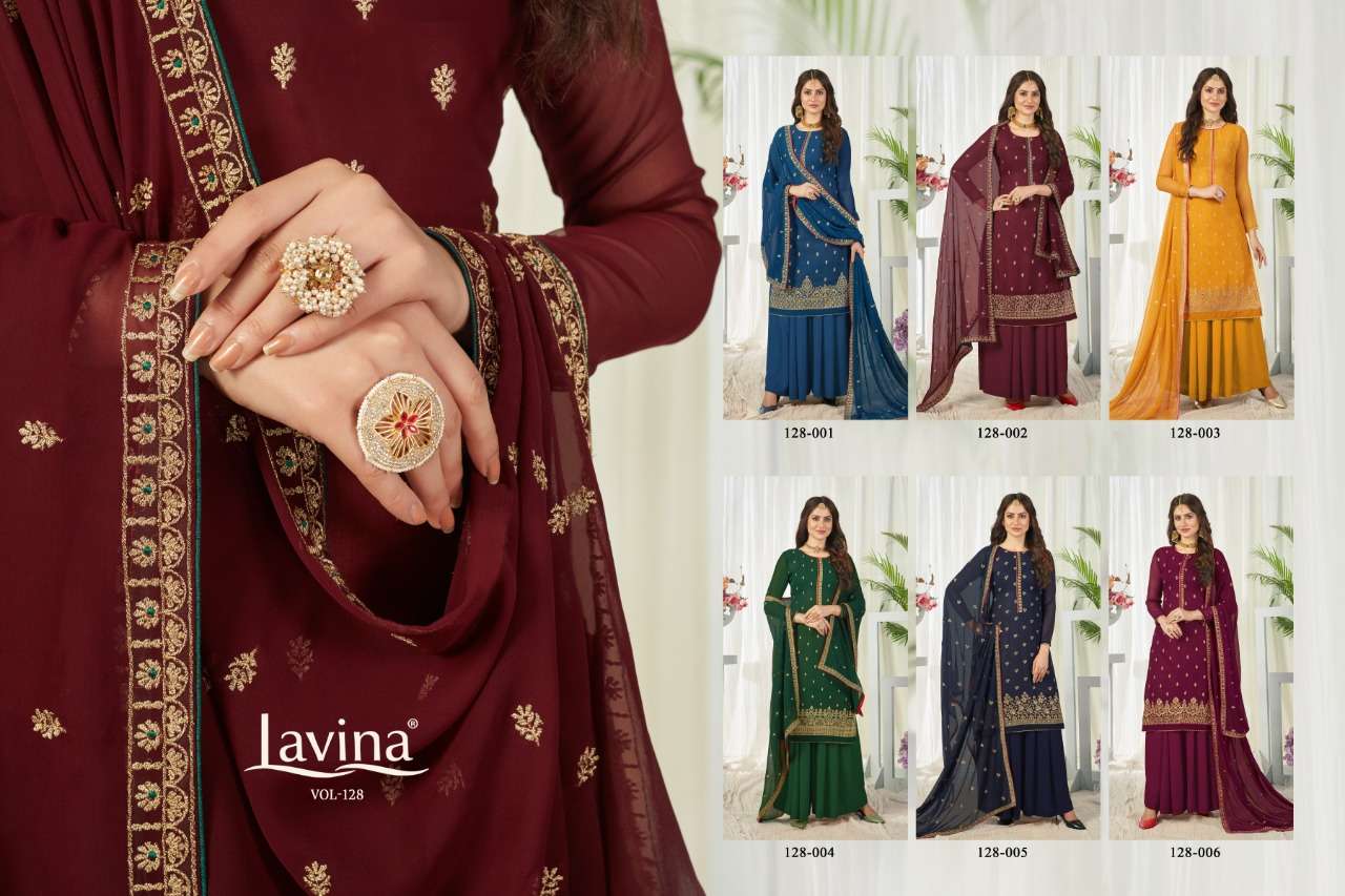LAVINA VOL-128 BY LAVINA 128-001 TO 128-006 SERIES BEAUTIFUL PAKISTANI SUITS COLORFUL STYLISH FANCY CASUAL WEAR & ETHNIC WEAR GEORGETTE EMBROIDERED DRESSES AT WHOLESALE PRICE