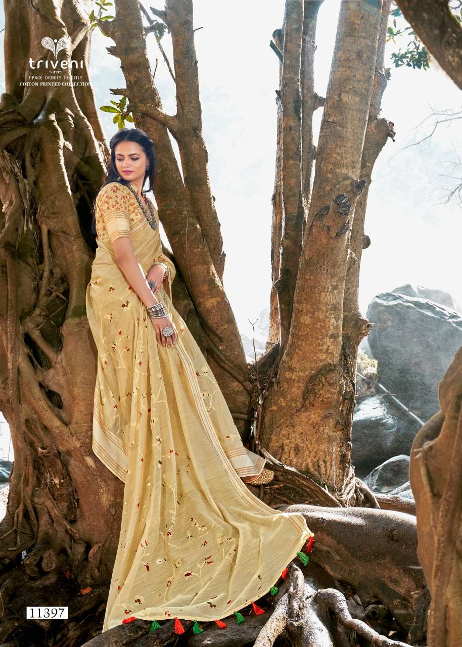 UPASANA BY TRIVENI 11391 TO 11398 SERIES INDIAN TRADITIONAL WEAR COLLECTION BEAUTIFUL STYLISH FANCY COLORFUL PARTY WEAR & OCCASIONAL WEAR COTTON LINEN SAREES AT WHOLESALE PRICE