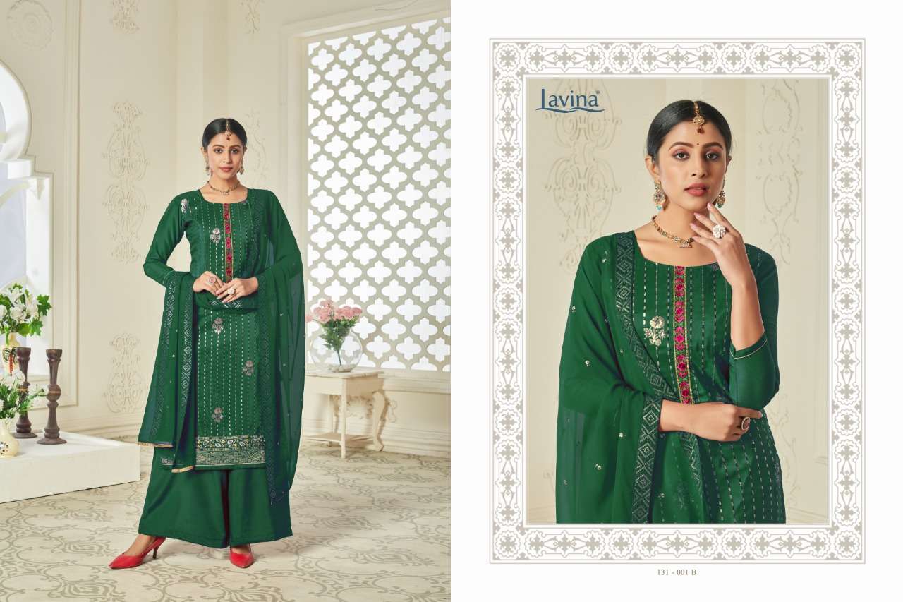 LAVINA VOL-131 BY LAVINA 131-001-A TO 131-001-E SERIES BEAUTIFUL PAKISTANI SUITS COLORFUL STYLISH FANCY CASUAL WEAR & ETHNIC WEAR CHINNON EMBROIDERED DRESSES AT WHOLESALE PRICE
