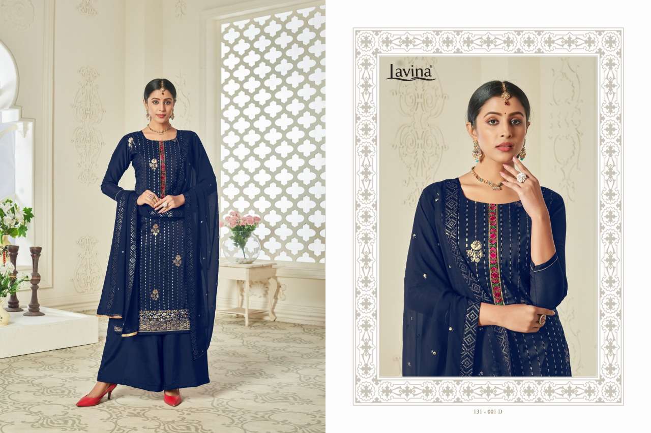 LAVINA VOL-131 BY LAVINA 131-001-A TO 131-001-E SERIES BEAUTIFUL PAKISTANI SUITS COLORFUL STYLISH FANCY CASUAL WEAR & ETHNIC WEAR CHINNON EMBROIDERED DRESSES AT WHOLESALE PRICE