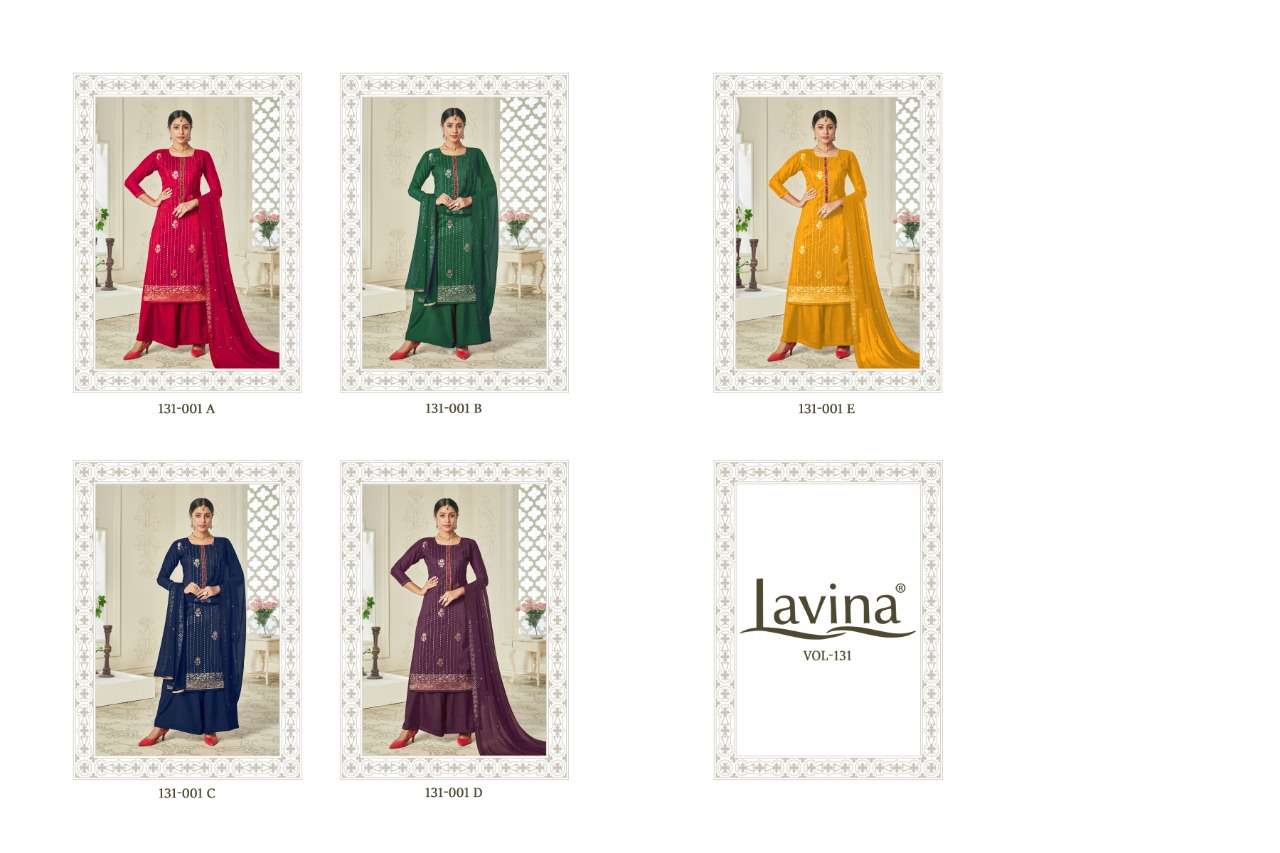 LAVINA VOL-131 BY LAVINA 131-001-A TO 131-001-E SERIES BEAUTIFUL PAKISTANI SUITS COLORFUL STYLISH FANCY CASUAL WEAR & ETHNIC WEAR CHINNON EMBROIDERED DRESSES AT WHOLESALE PRICE