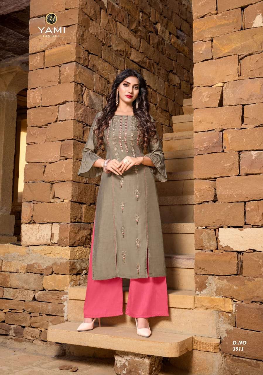 RESHAMI VOL-2 BY YAMI FASHION 3911 TO 3916 SERIES DESIGNER STYLISH FANCY COLORFUL BEAUTIFUL PARTY WEAR & ETHNIC WEAR COLLECTION VISCOSE EMBROIDERY KURTIS WITH BOTTOM AT WHOLESALE PRICE
