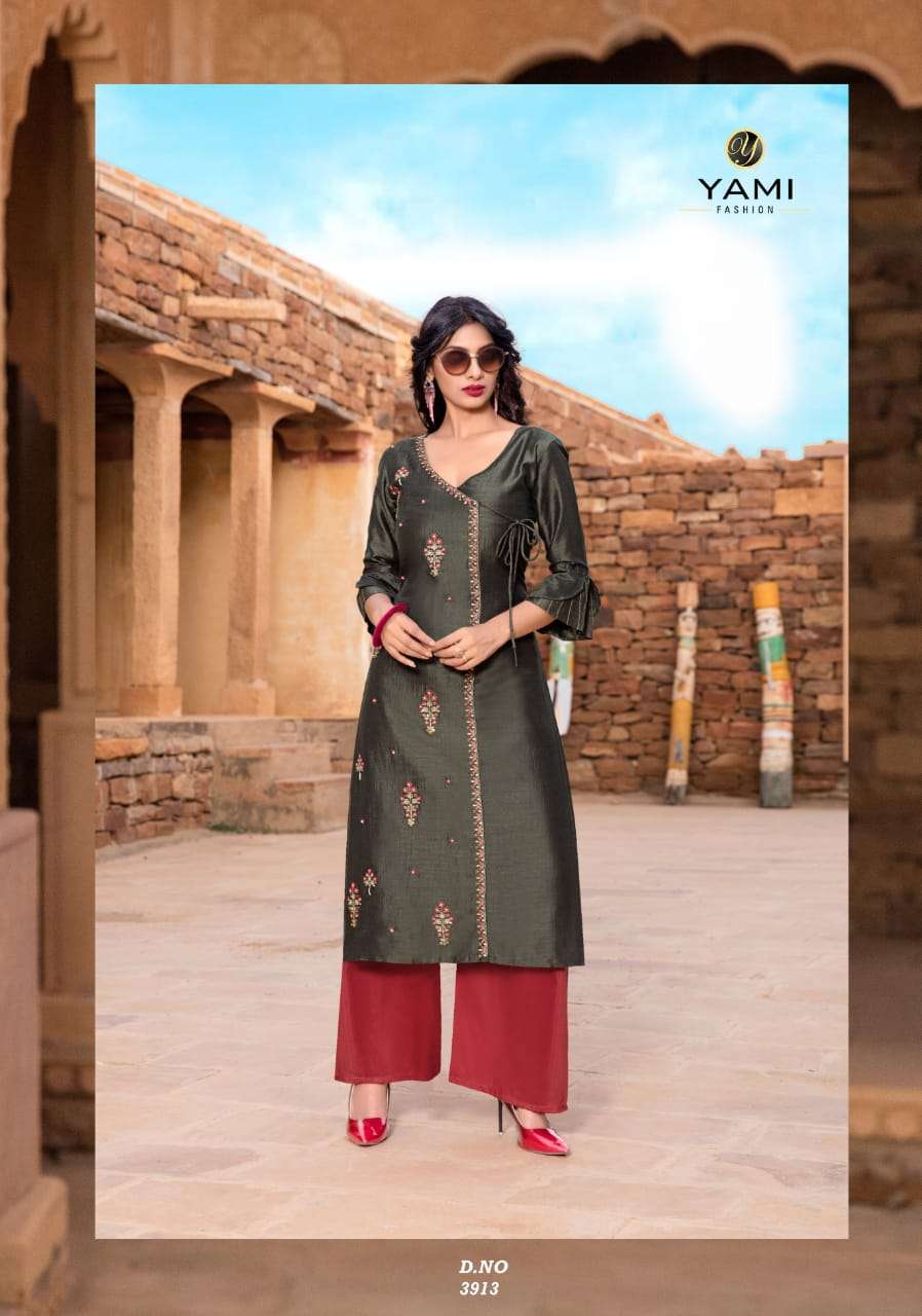 RESHAMI VOL-2 BY YAMI FASHION 3911 TO 3916 SERIES DESIGNER STYLISH FANCY COLORFUL BEAUTIFUL PARTY WEAR & ETHNIC WEAR COLLECTION VISCOSE EMBROIDERY KURTIS WITH BOTTOM AT WHOLESALE PRICE