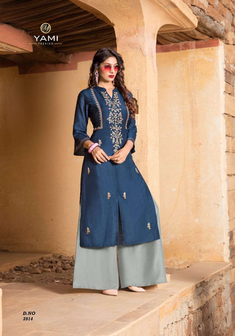 RESHAMI VOL-2 BY YAMI FASHION 3911 TO 3916 SERIES DESIGNER STYLISH FANCY COLORFUL BEAUTIFUL PARTY WEAR & ETHNIC WEAR COLLECTION VISCOSE EMBROIDERY KURTIS WITH BOTTOM AT WHOLESALE PRICE