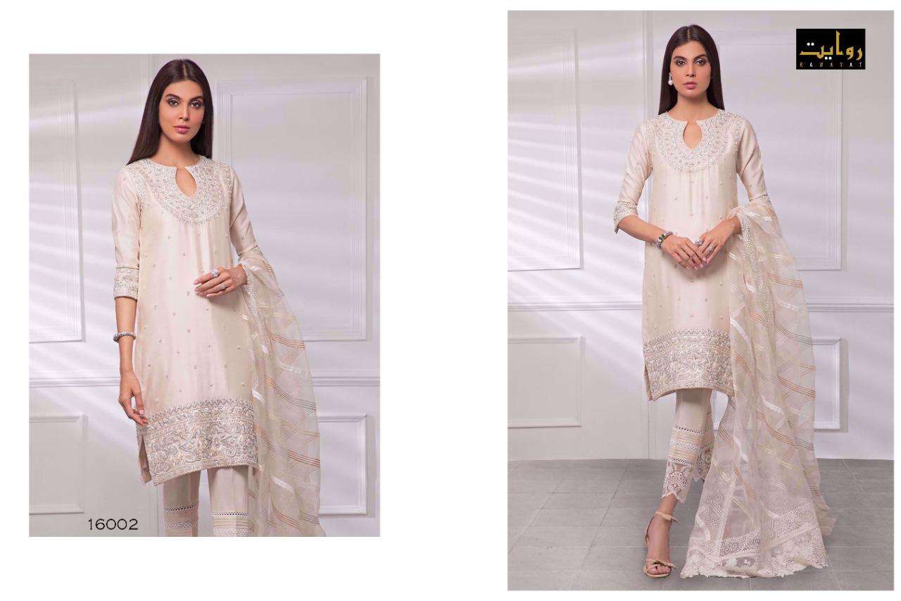 MODERN MEMSAAB VOL-2 BY RAWAYAT 16002 TO 16006 SERIES DESIGNER PAKISTANI SUITS COLLECTION BEAUTIFUL STYLISH FANCY COLORFUL PARTY WEAR & OCCASIONAL WEAR PURE JAM COTTON EMBROIDERED DRESSES AT WHOLESALE PRICE