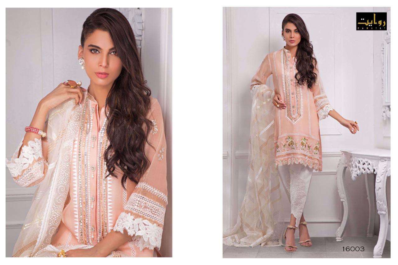 MODERN MEMSAAB VOL-2 BY RAWAYAT 16002 TO 16006 SERIES DESIGNER PAKISTANI SUITS COLLECTION BEAUTIFUL STYLISH FANCY COLORFUL PARTY WEAR & OCCASIONAL WEAR PURE JAM COTTON EMBROIDERED DRESSES AT WHOLESALE PRICE